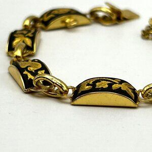 Vintage Damascene Enamel Floral and Bird Themed Bracelet Black and Gold
